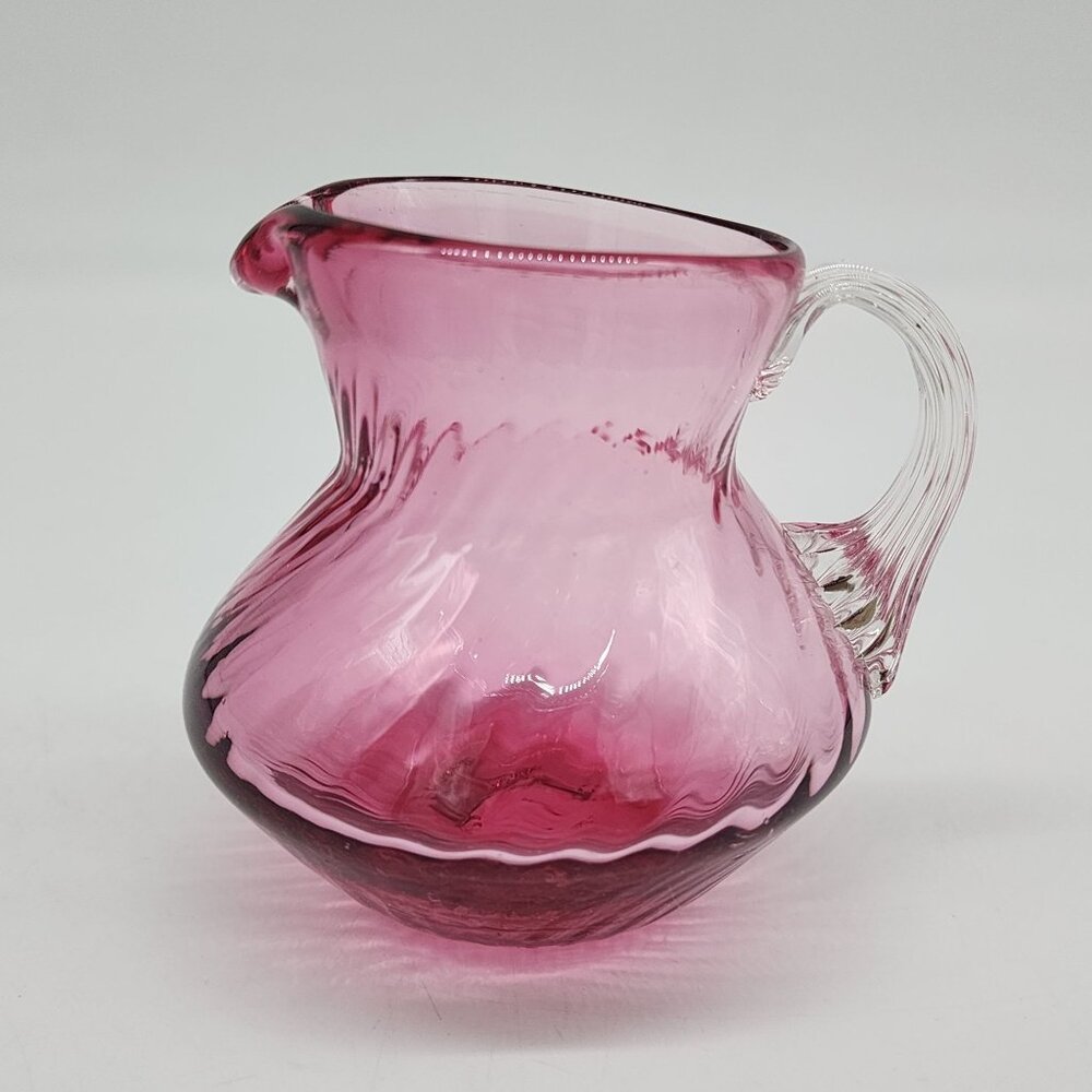 Vintage Cranberry Pink Glass Mini Creamer Pitcher With Ribbed Handle 3.5"
